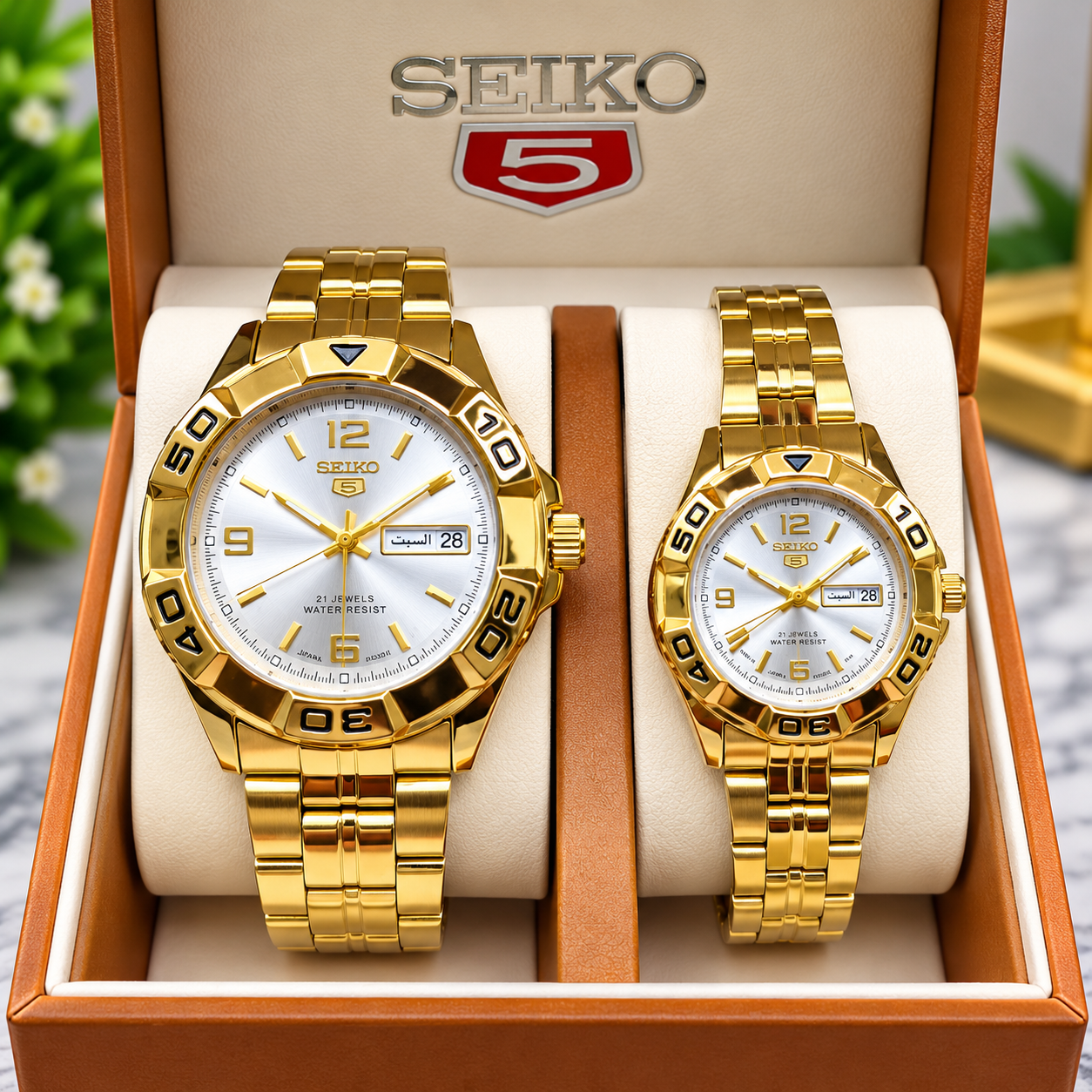 Gold Seiko Couple Watch Set Seiko 5 Gold Automatic Couple Watch Set – White Dial - Image 1