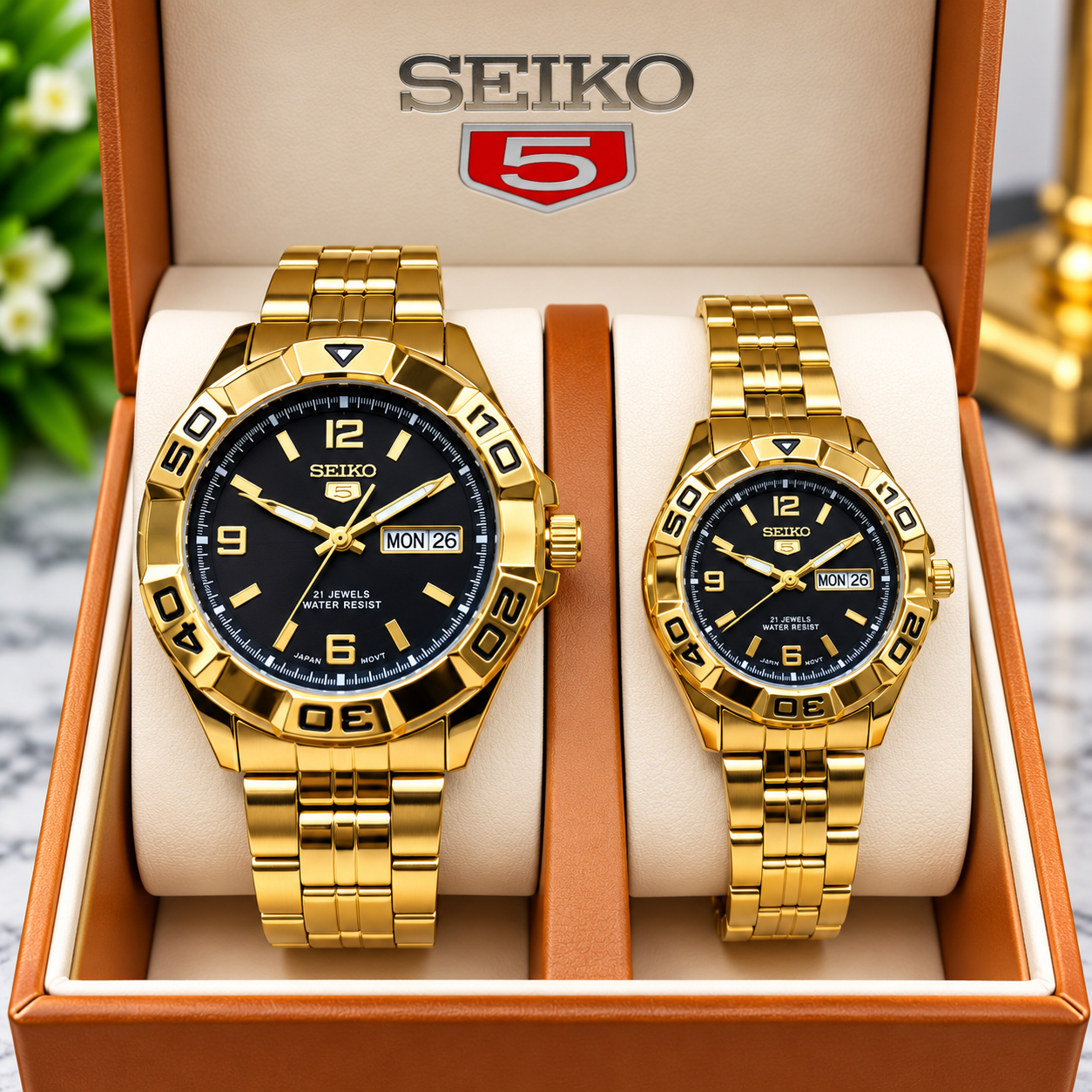 Luxury Seiko Gold Watch Gift Set Seiko 5 Gold Black Dial Couple Watch Set - Image 1