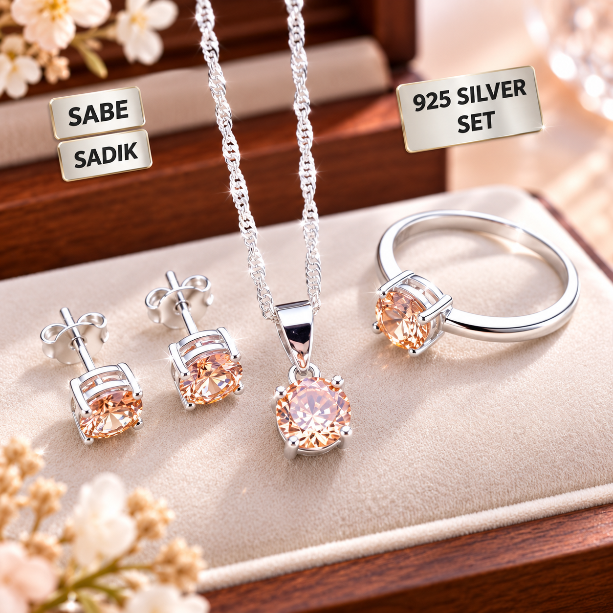Peach Champagne 925 Silver Jewelry Set SABE SADIK 925 Silver Jewellery Set – Ring, Necklace & Earrings - Image 1