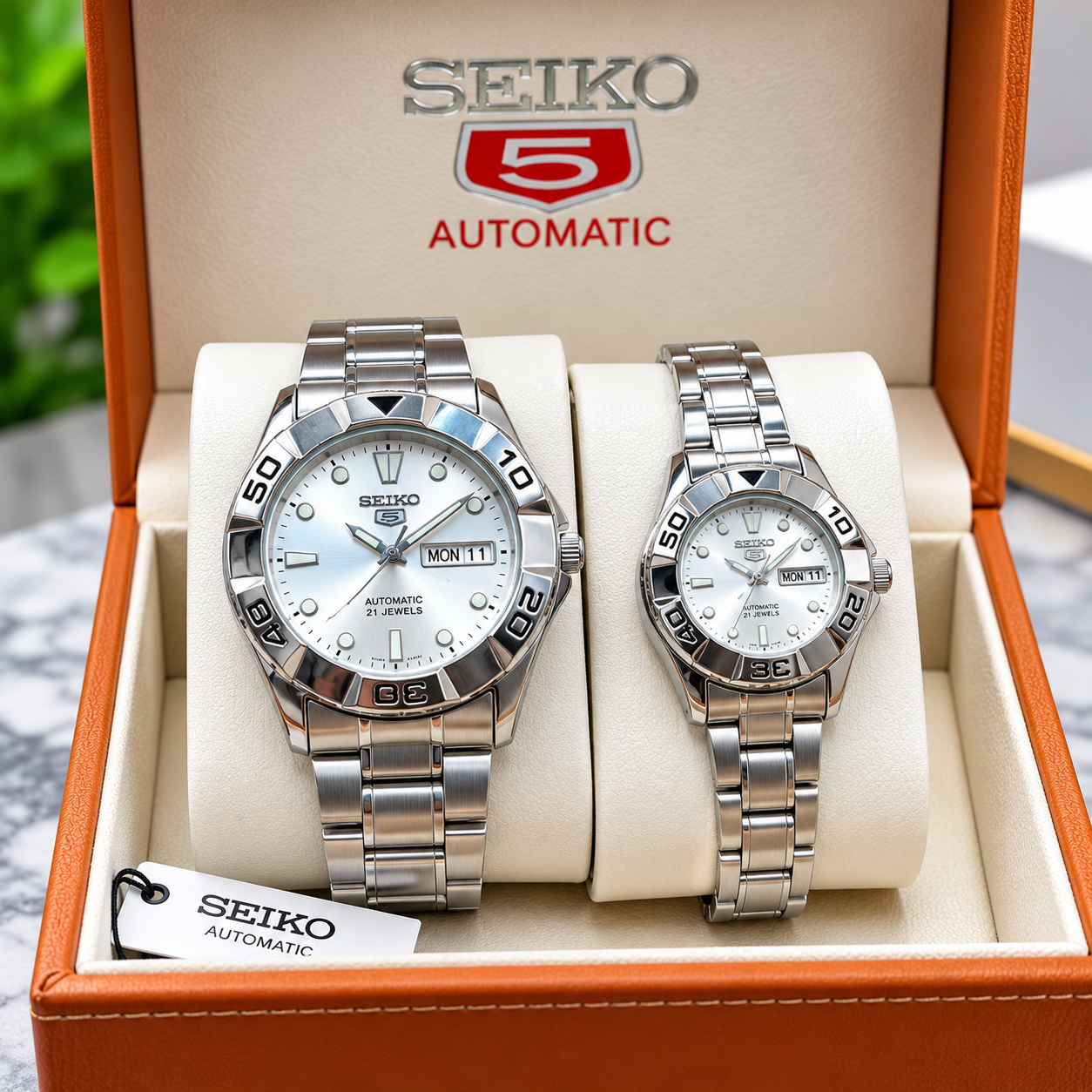 Seiko 5 Automatic Couple Watch Set Seiko 5 Automatic Silver Couple Watch Set - Image 1