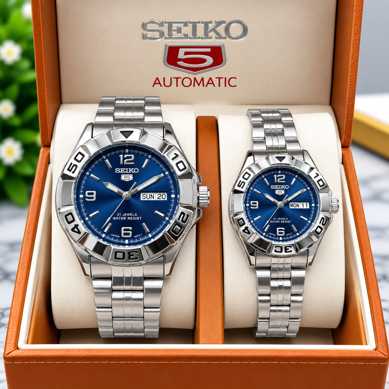 Seiko 5 Automatic Watch Pair Seiko 5 Automatic Silver Blue Dial Couple Watch Set - Image 1