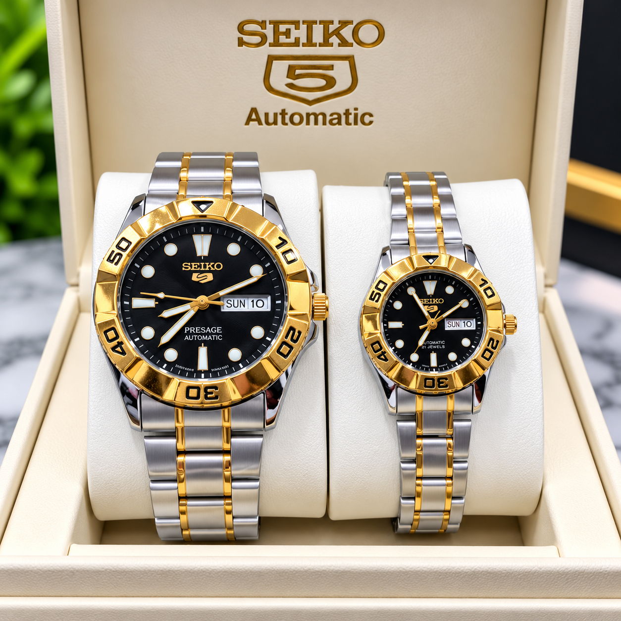 Seiko 5 Automatic Watch Set Seiko 5 Automatic Two-Tone Black Dial Couple Watch Set - Image 1