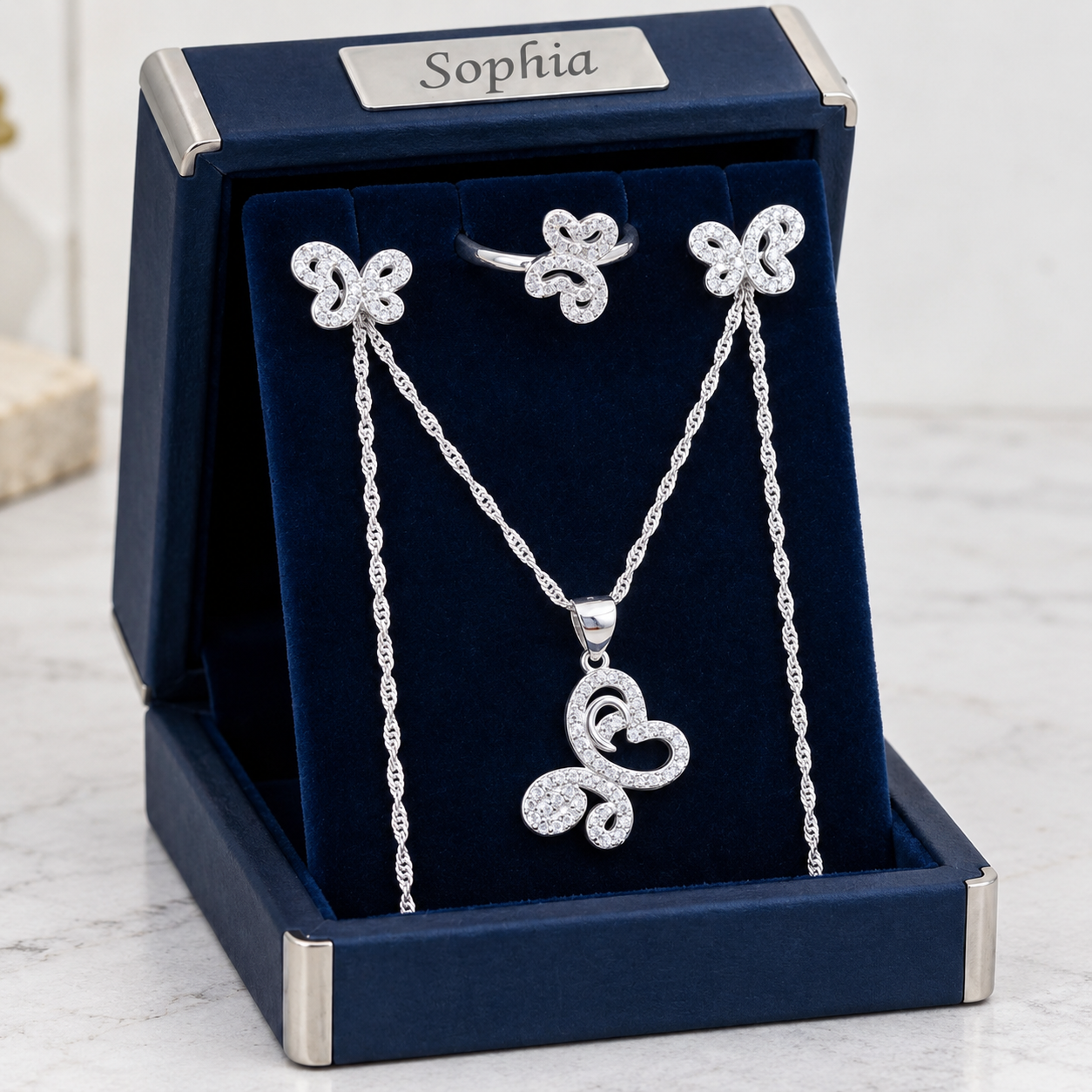 Sophia Silver Butterfly Jewelry Set Sophia Butterfly Jewellery Set – Necklace, Earrings & Ring - Image 1